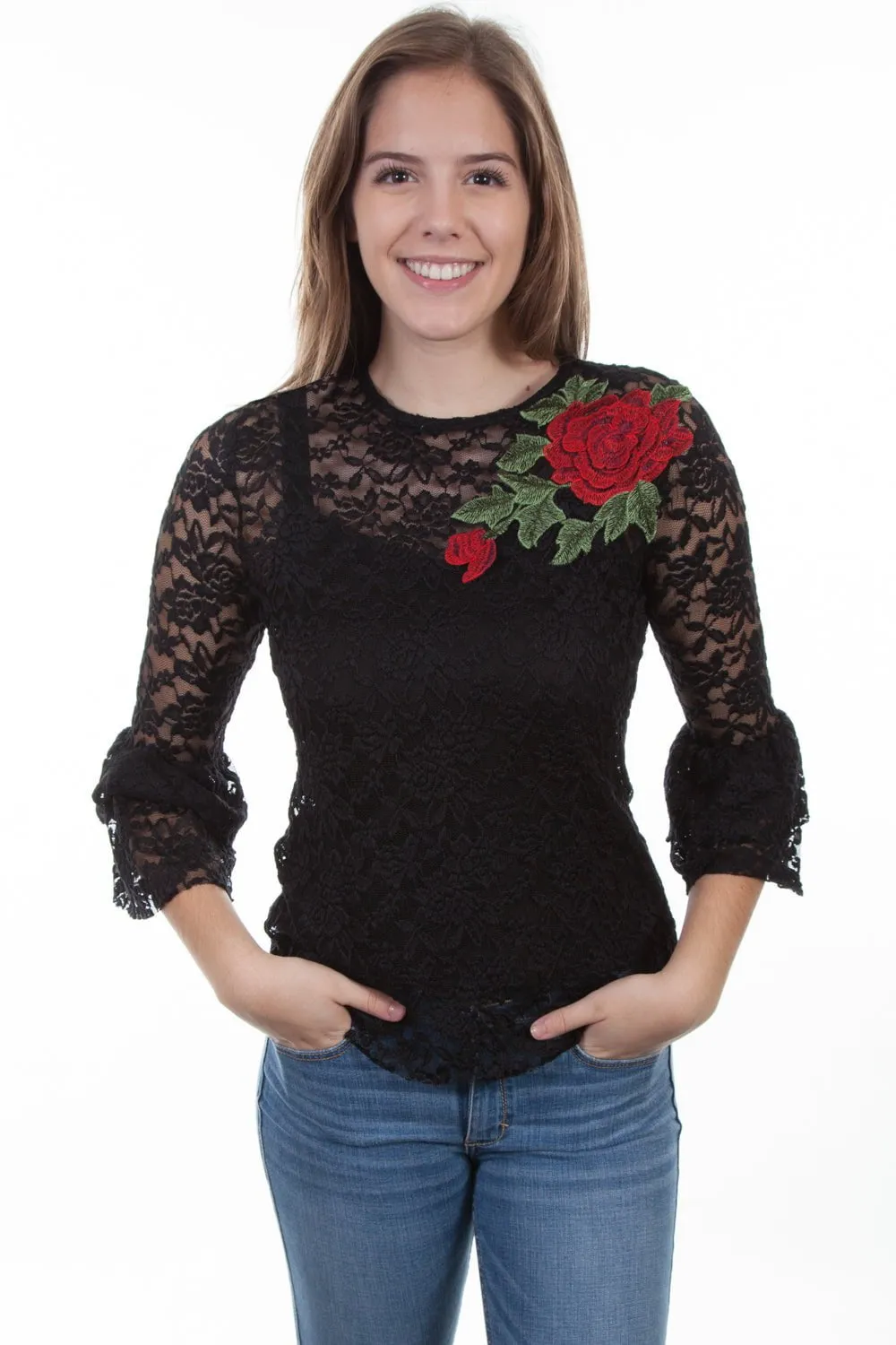 Scully Womens Black Polyester Rose Applique L/S Tunic Cool Essential