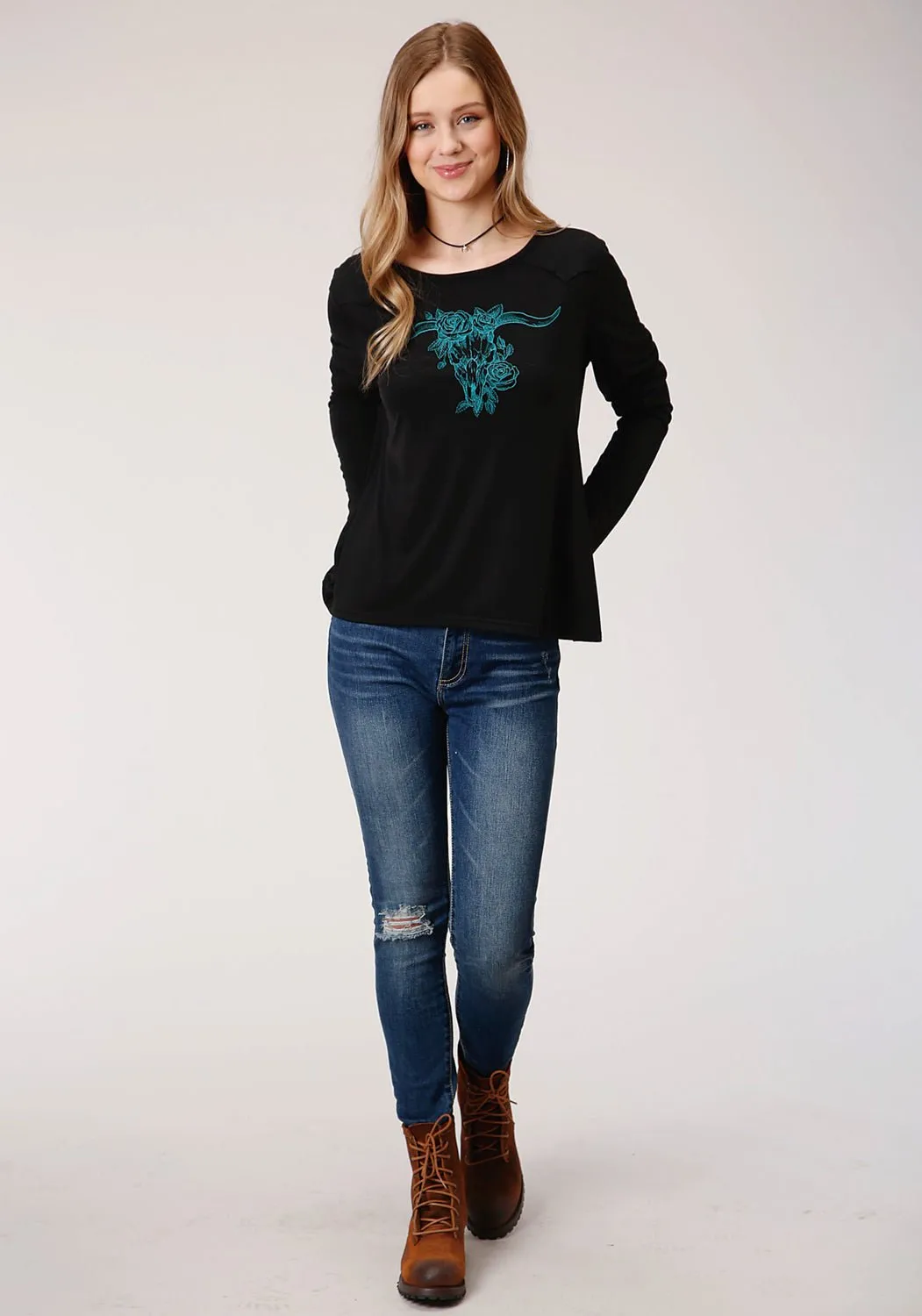 Comfy Design Slim Silhouette Roper Womens Black Poly/Rayon Turquoise Longhorn L/S T-Shirt