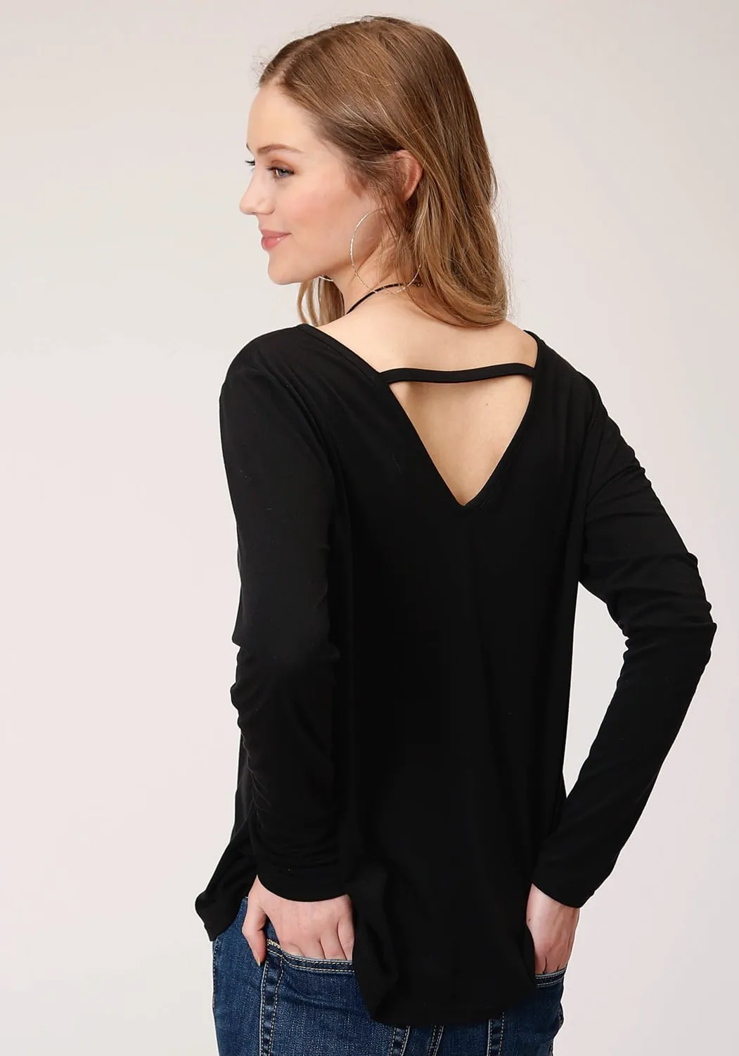 Slim Modern Roper Womens Black Poly/Rayon Turquoise Longhorn L/S T-Shirt