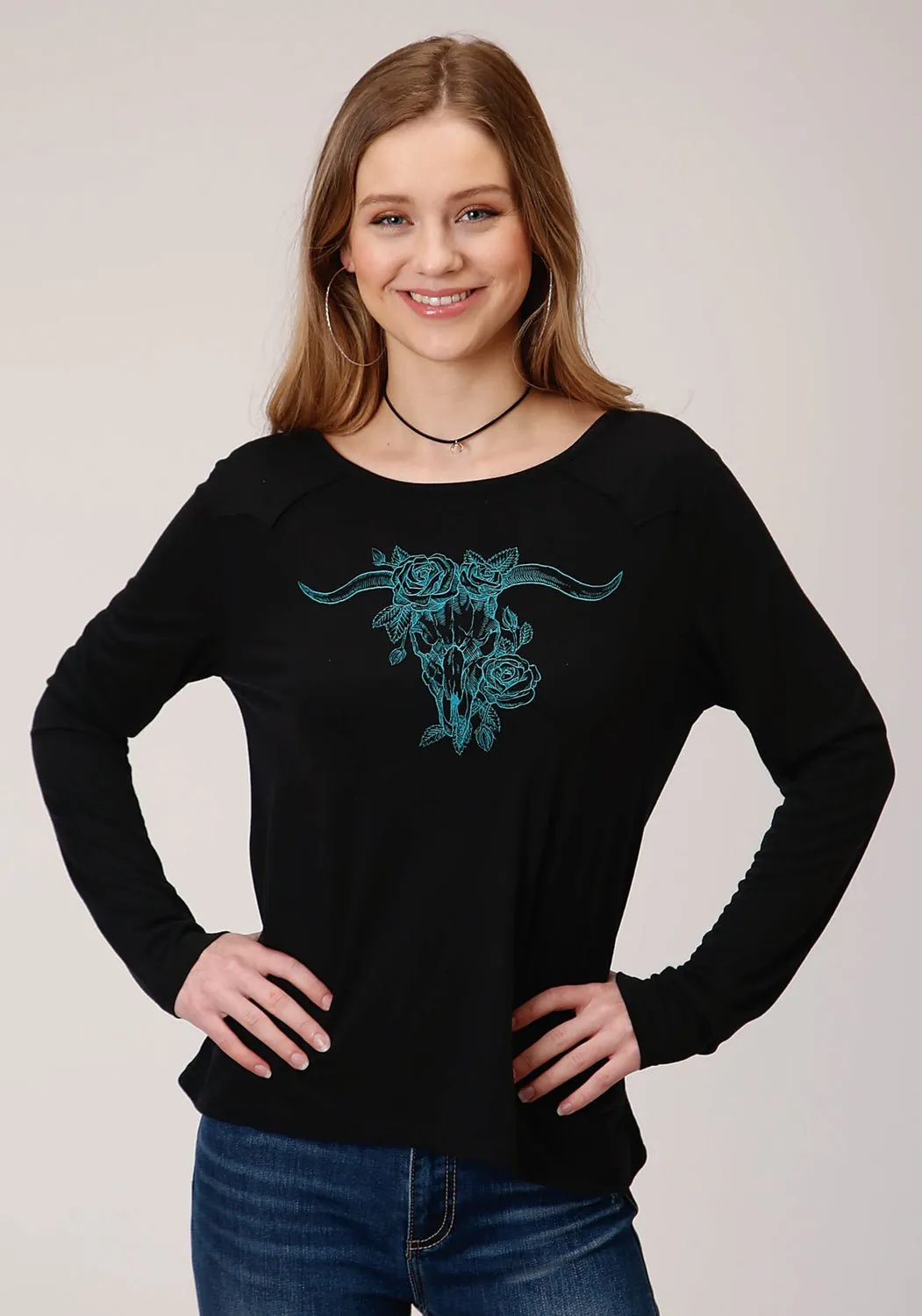Chic Style Modern Youth Style Party Look Roper Womens Black Poly/Rayon Turquoise Longhorn L/S T-Shirt