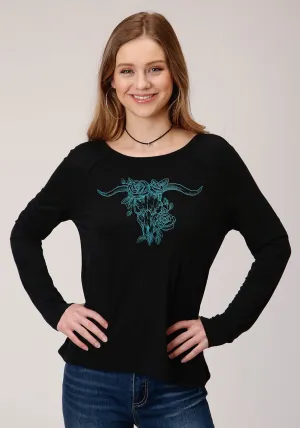 Daily Fit Roper Womens Black Poly/Rayon Turquoise Longhorn L/S T-Shirt Chic Style Modern Youth Style Party Look Roper Womens Black Poly/Rayon Turquoise Longhorn L/S T-Shirt