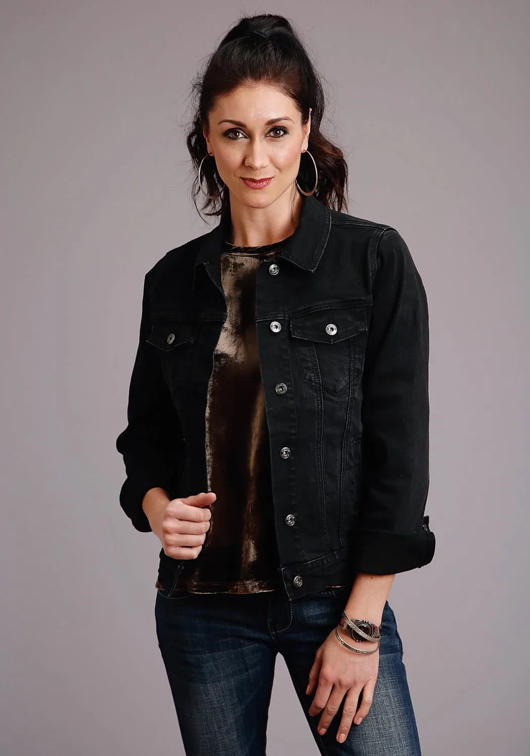 Stetson Womens Black Cotton Blend Denim Stretch Jacket Popular Staple