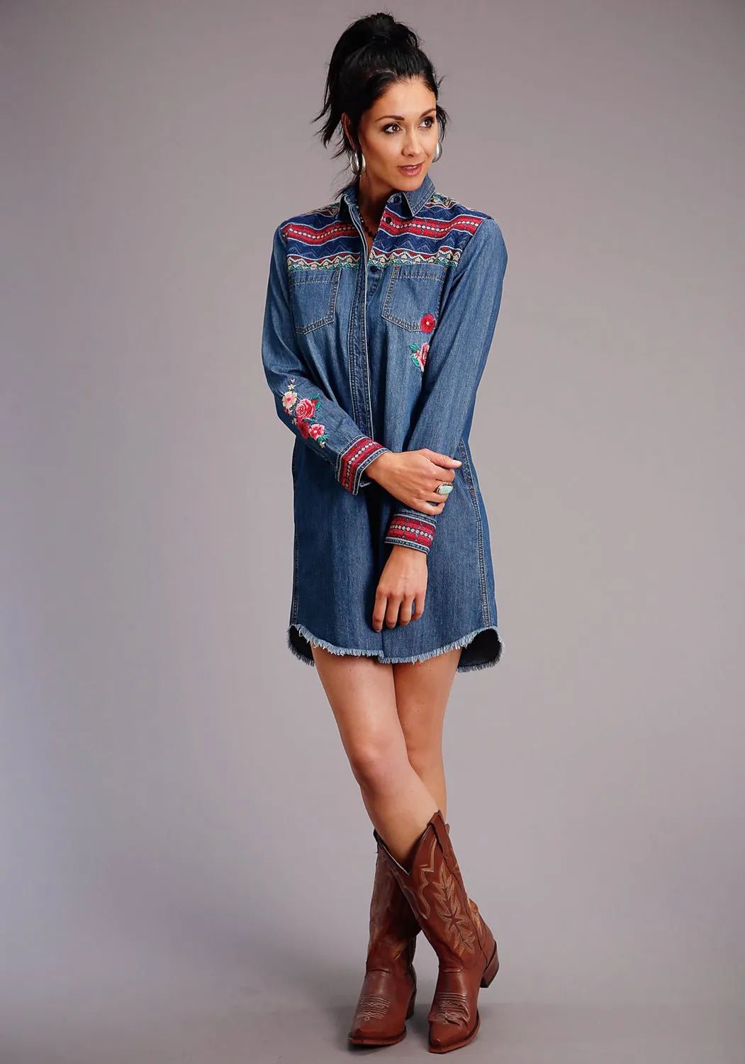 Stetson Womens Blue 100% Cotton Aztec Stripe L/S Dress Chill Outfit Spring Mood