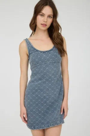 Dalilah Bow Pattern Sleeveless Denim Mini Dress Detachable Collar Raw-Hem Dalilah Bow Pattern Sleeveless Denim Mini Dress
