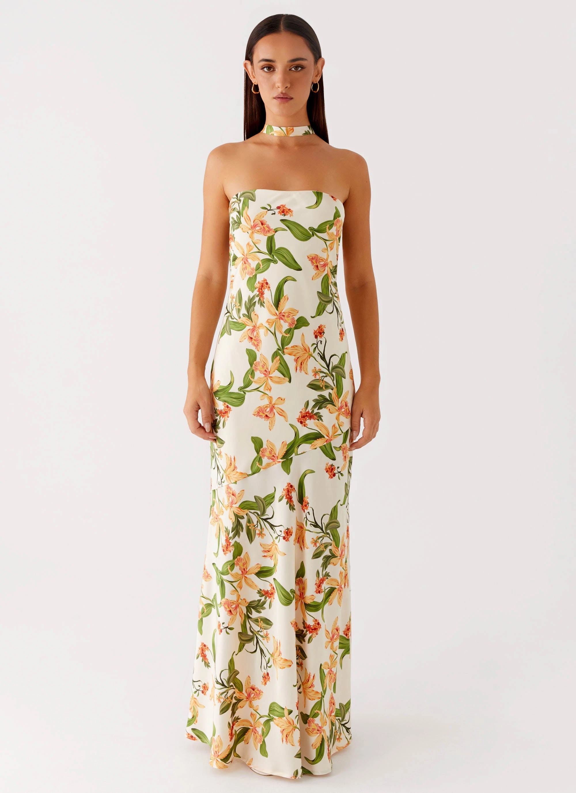 Statement-Print Tailored Elegance Damali Satin Maxi Dress - Floral Print