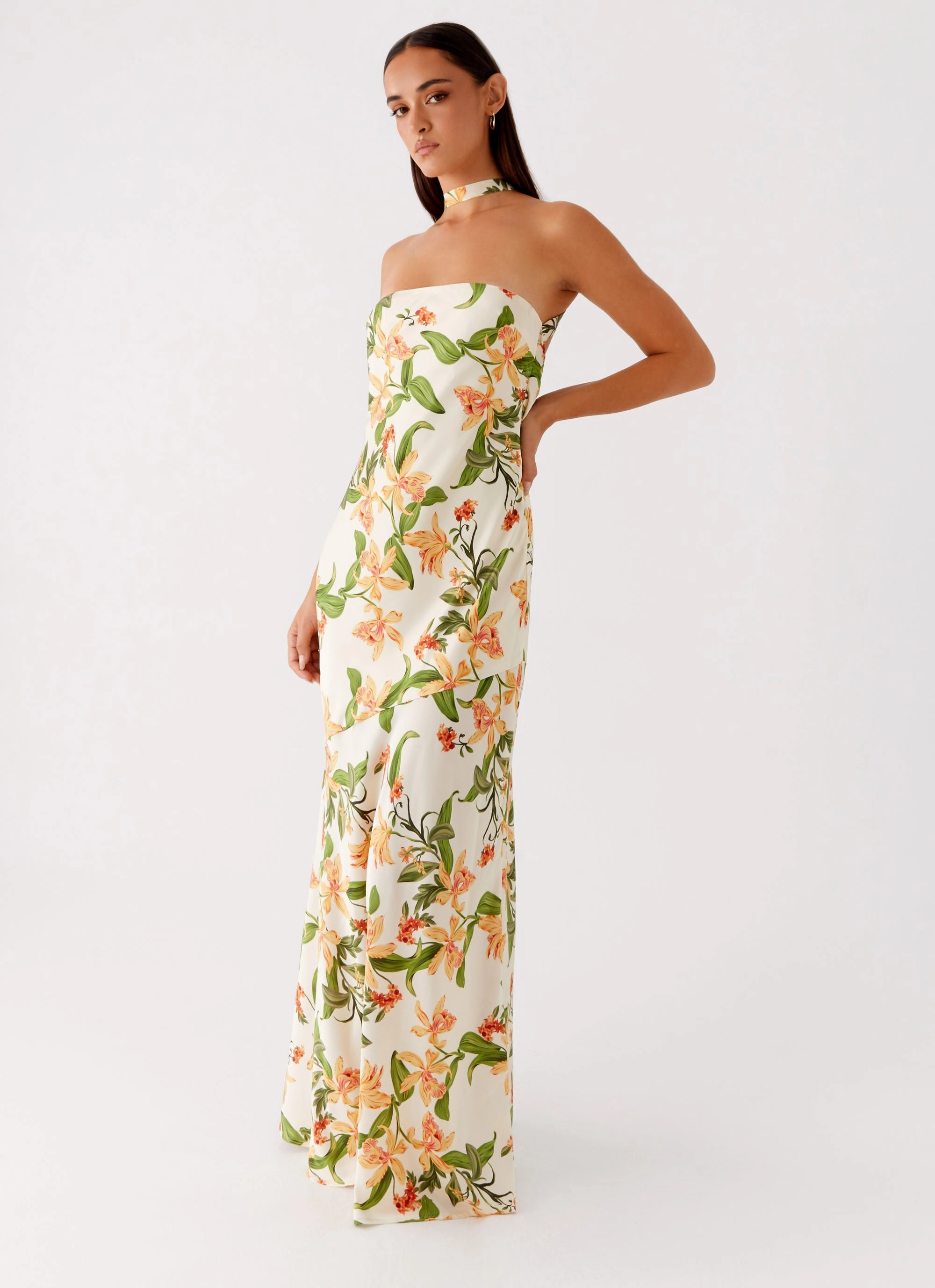 Chic Waistband Design Lace-Trim Damali Satin Maxi Dress - Floral Print