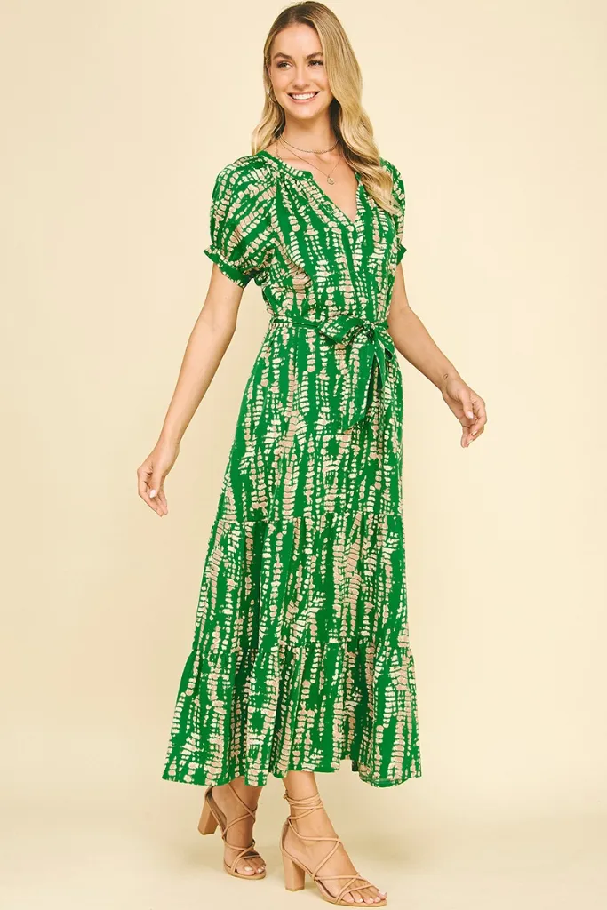 Daphne Printed Midi Dress in Green Sunset Look