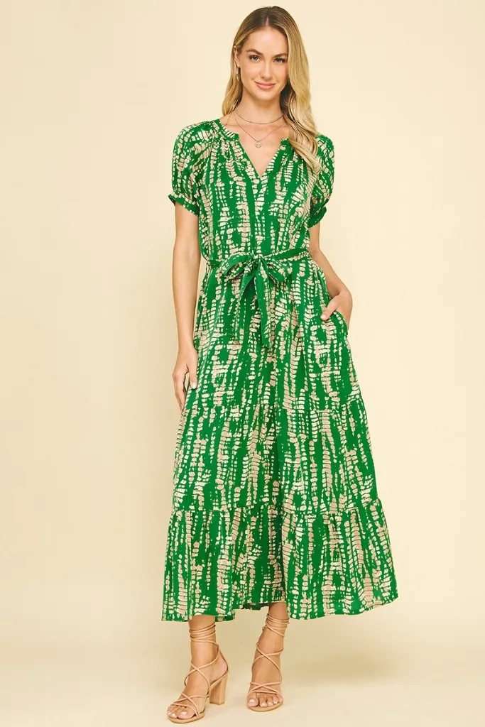Coral Soft Bold Touches Daphne Printed Midi Dress in Green