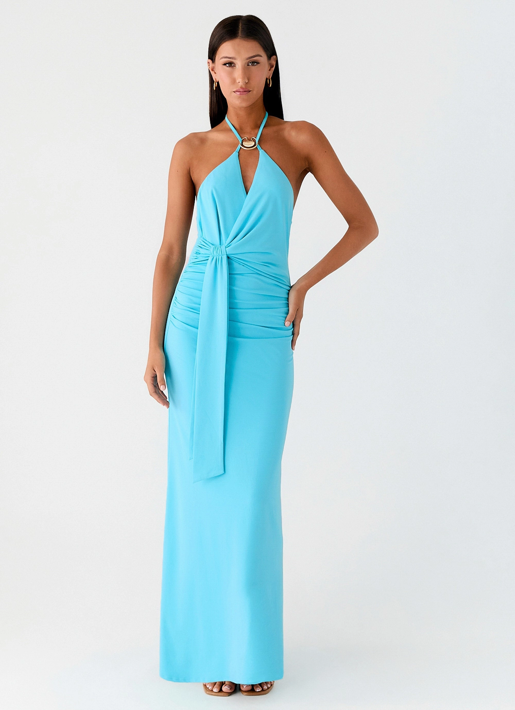 Mid Season Crisp Texture Dare Me Halter Maxi Dress - Aqua Blue