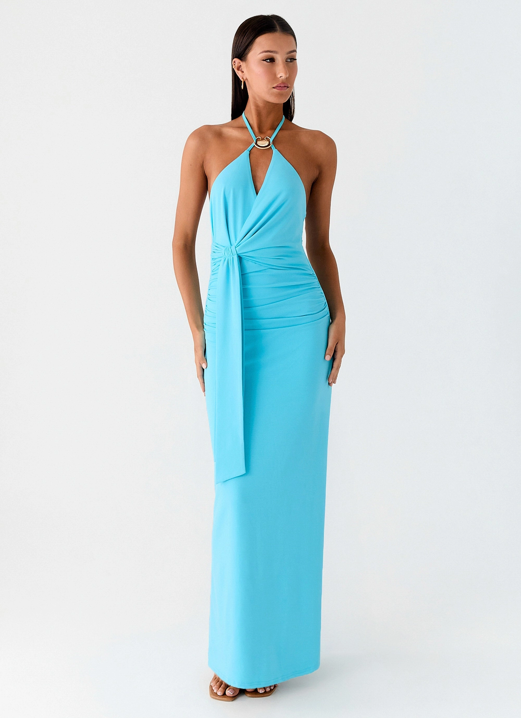 Effortless Tailoring Timeless Soft Dare Me Halter Maxi Dress - Aqua Blue