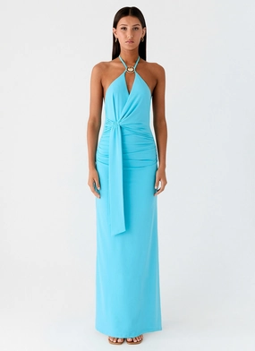 Dare Me Halter Maxi Dress - Aqua Blue Ultimate Comfort Wear Stylish Waistband Design Dare Me Halter Maxi Dress - Aqua Blue