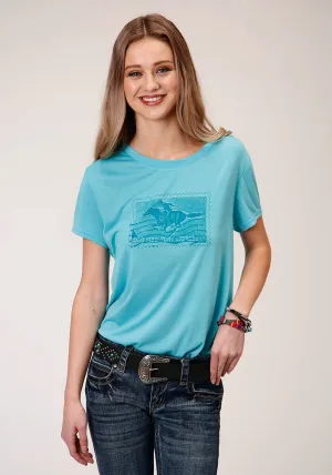 Dark Hue Roper Womens Turquoise Poly/Rayon Horse Rider S/S T-Shirt High Density Weave Versatile Layer Roper Womens Turquoise Poly/Rayon Horse Rider S/S T-Shirt
