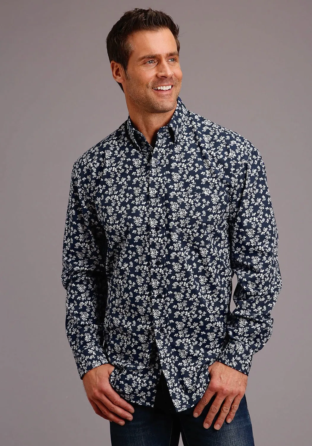 Stetson Mens Blue 100% Cotton Frontier Floral BD L/S 1 Pkt Shirt Chic Layer