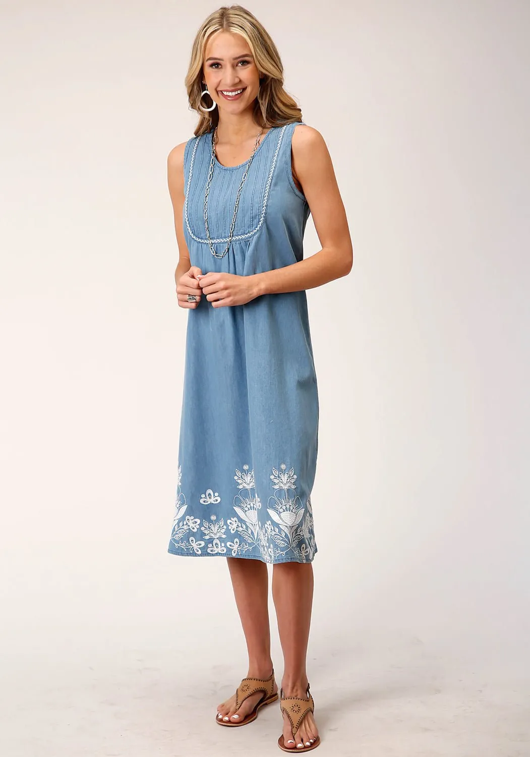 Roper Womens White Floral Tank Blue 100% Cotton S/L Dress Elegant Adult Fashion Student Outfit Earthy