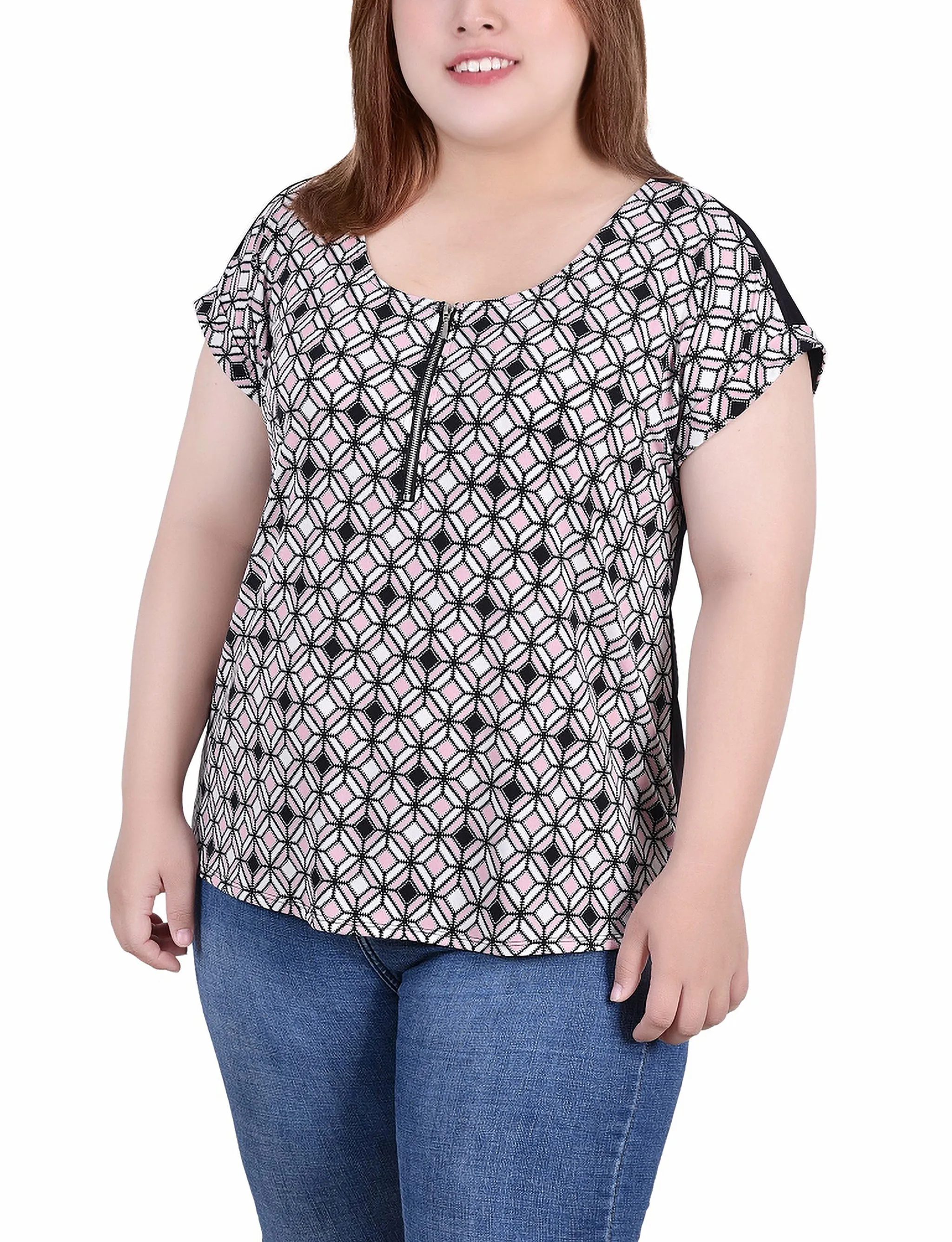 Cool Texture Draped-Style Plus Size Short Sleeve 1/2 Zip Knit Top