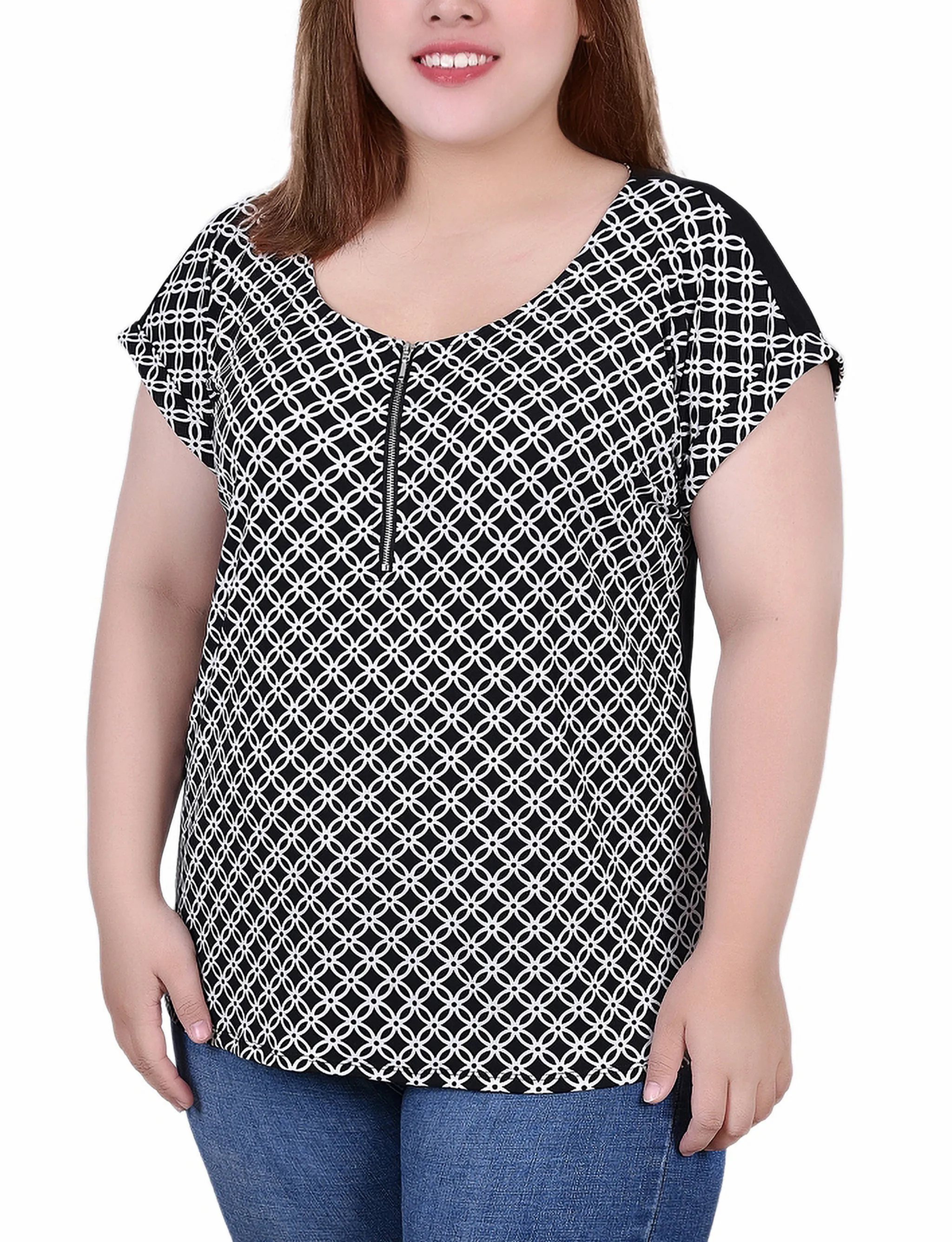 Plus Size Short Sleeve 1/2 Zip Knit Top Confident Mood Casual Chic