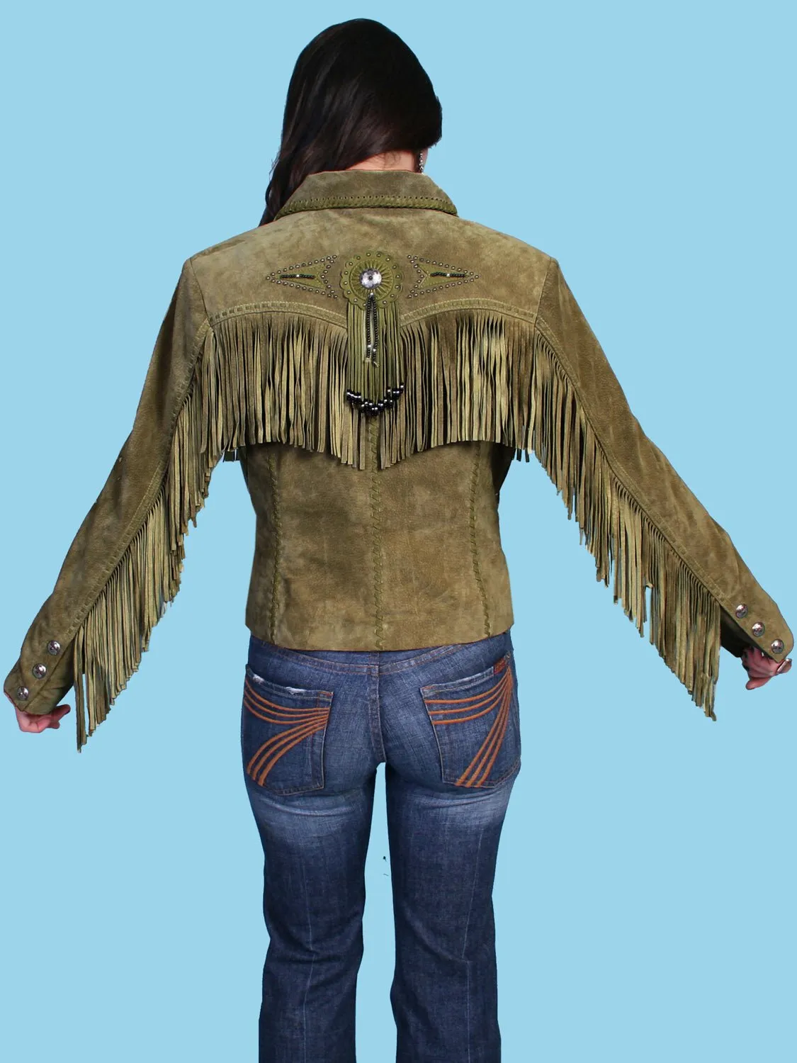 Fit Anytime Morning Stroll Evening Stroll Trend Setter Scully Womens Fringe Beaded Olive Leather Leather Jacket