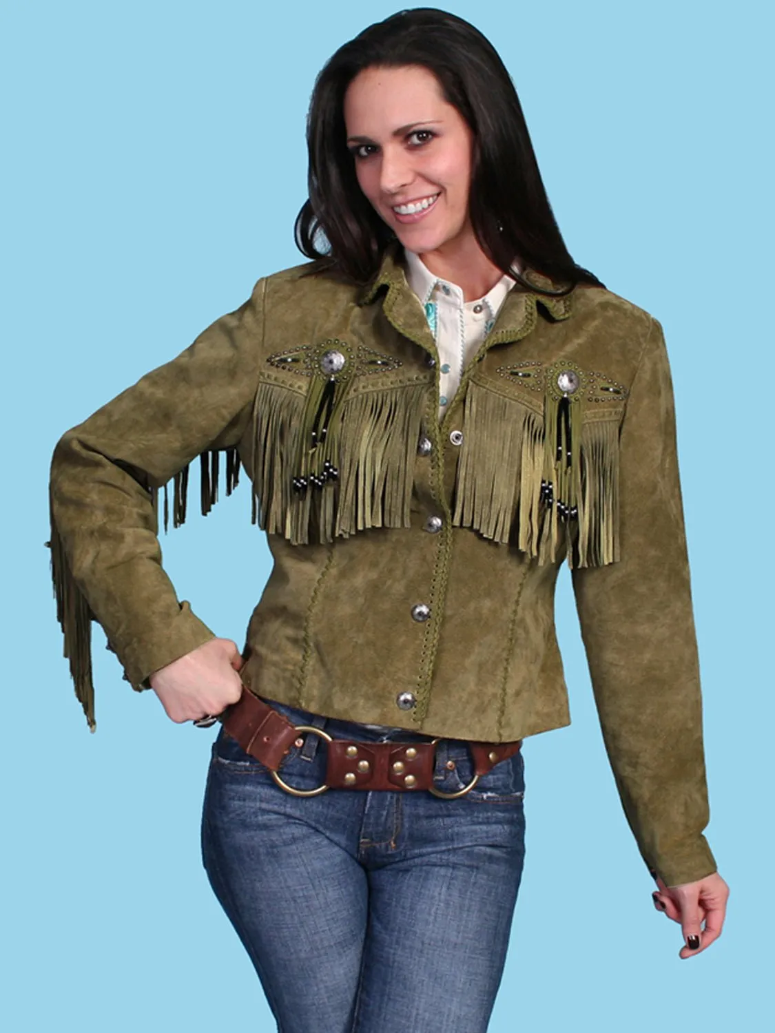 Scully Womens Fringe Beaded Olive Leather Leather Jacket Function Fit Standard Piece