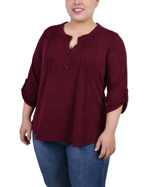 Daywear Chic Plus Size 3/4 Roll Tab Sleeve Y Neck Top French Vibe Plus Size 3/4 Roll Tab Sleeve Y Neck Top