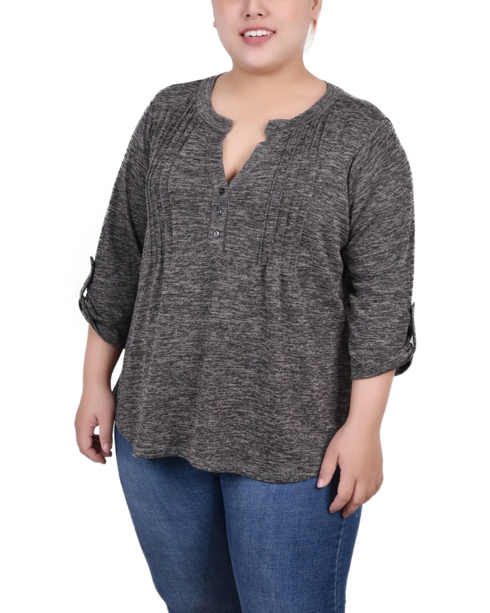 Tailored Comfort Chic Tailoring Design Plus Size 3/4 Roll Tab Sleeve Y Neck Top