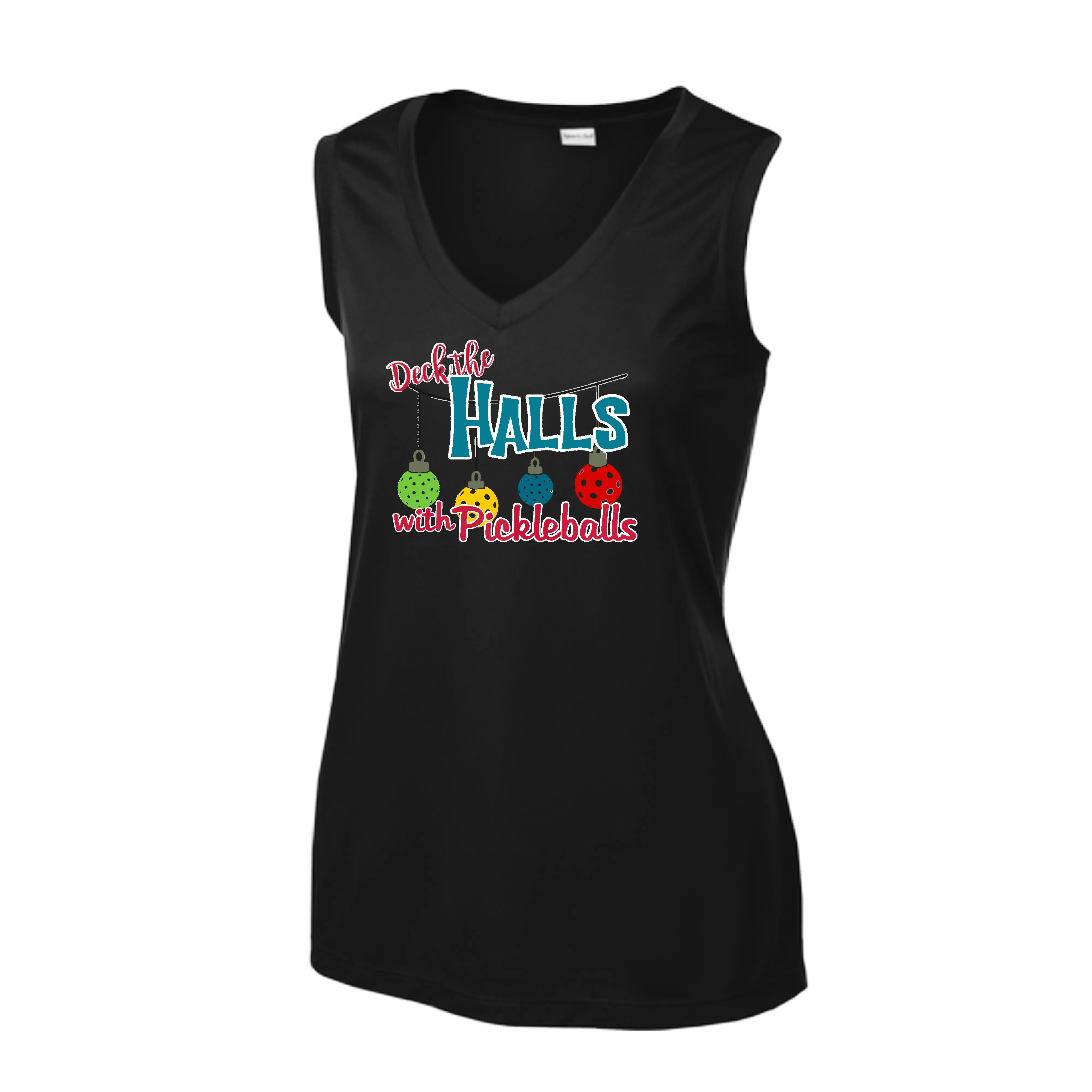 Deck the Halls with Pickleballs | Women’s Sleeveless Pickleball Shirt | 100% Polyester
