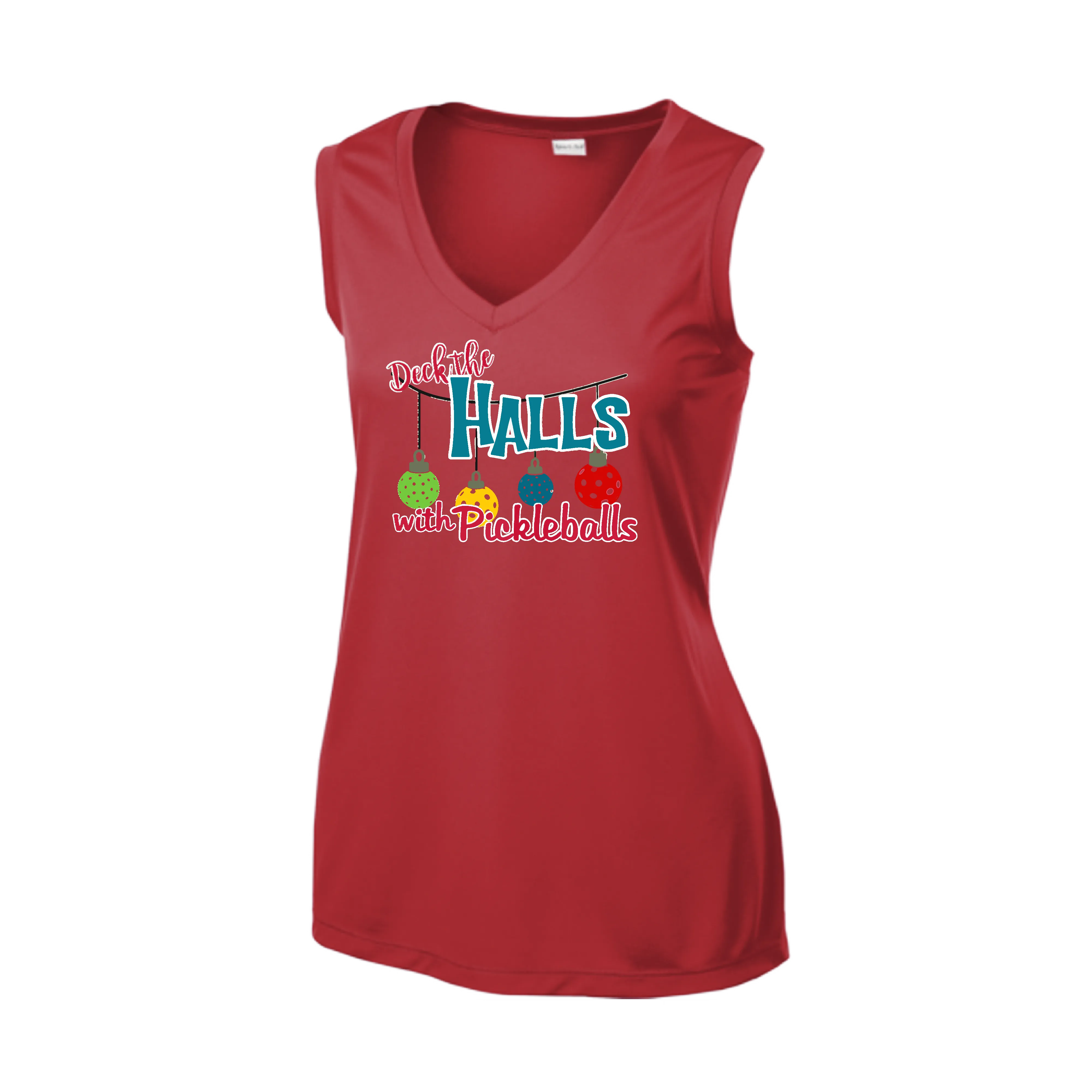Deck the Halls with Pickleballs | Women’s Sleeveless Pickleball Shirt | 100% Polyester