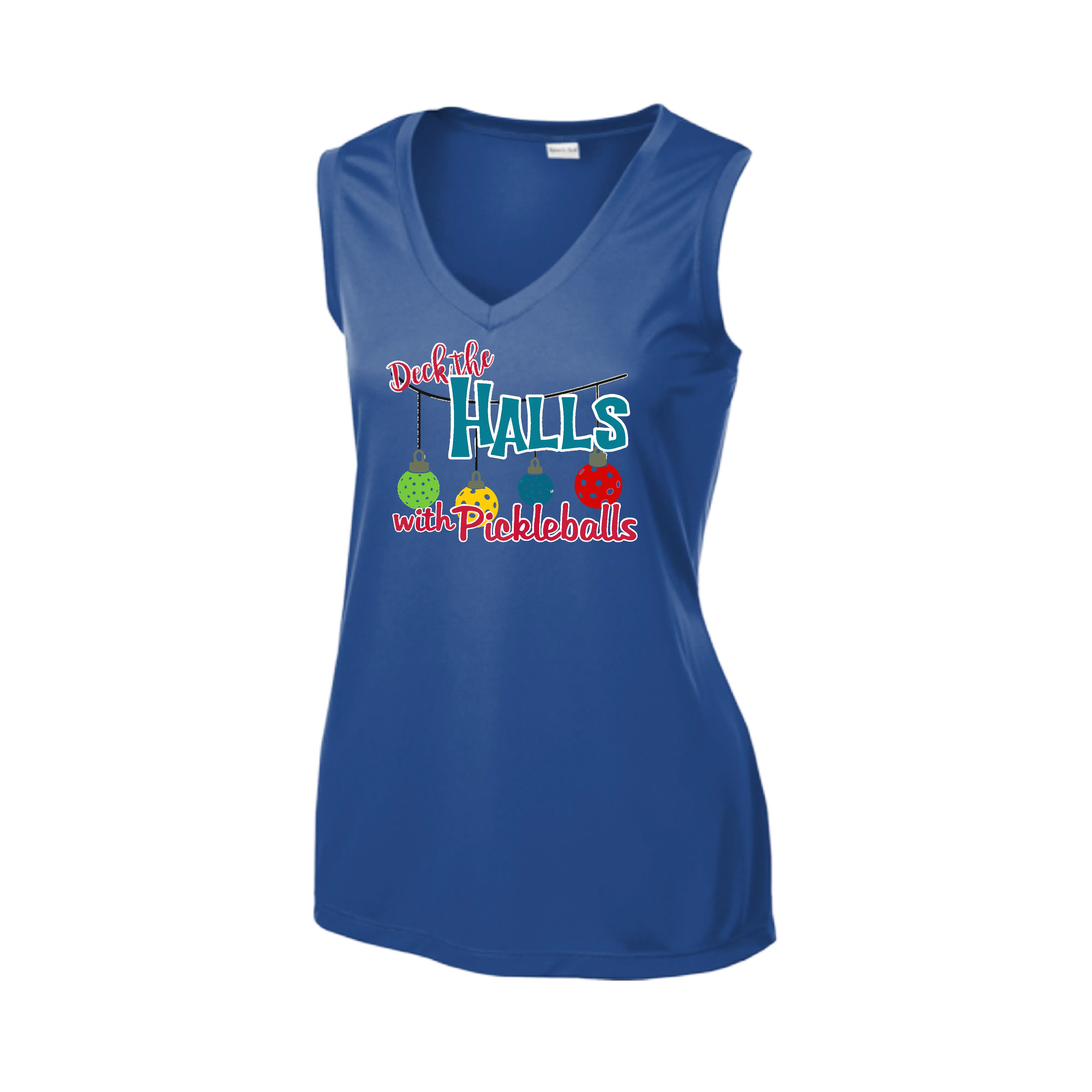 Deck the Halls with Pickleballs | Women’s Sleeveless Pickleball Shirt | 100% Polyester