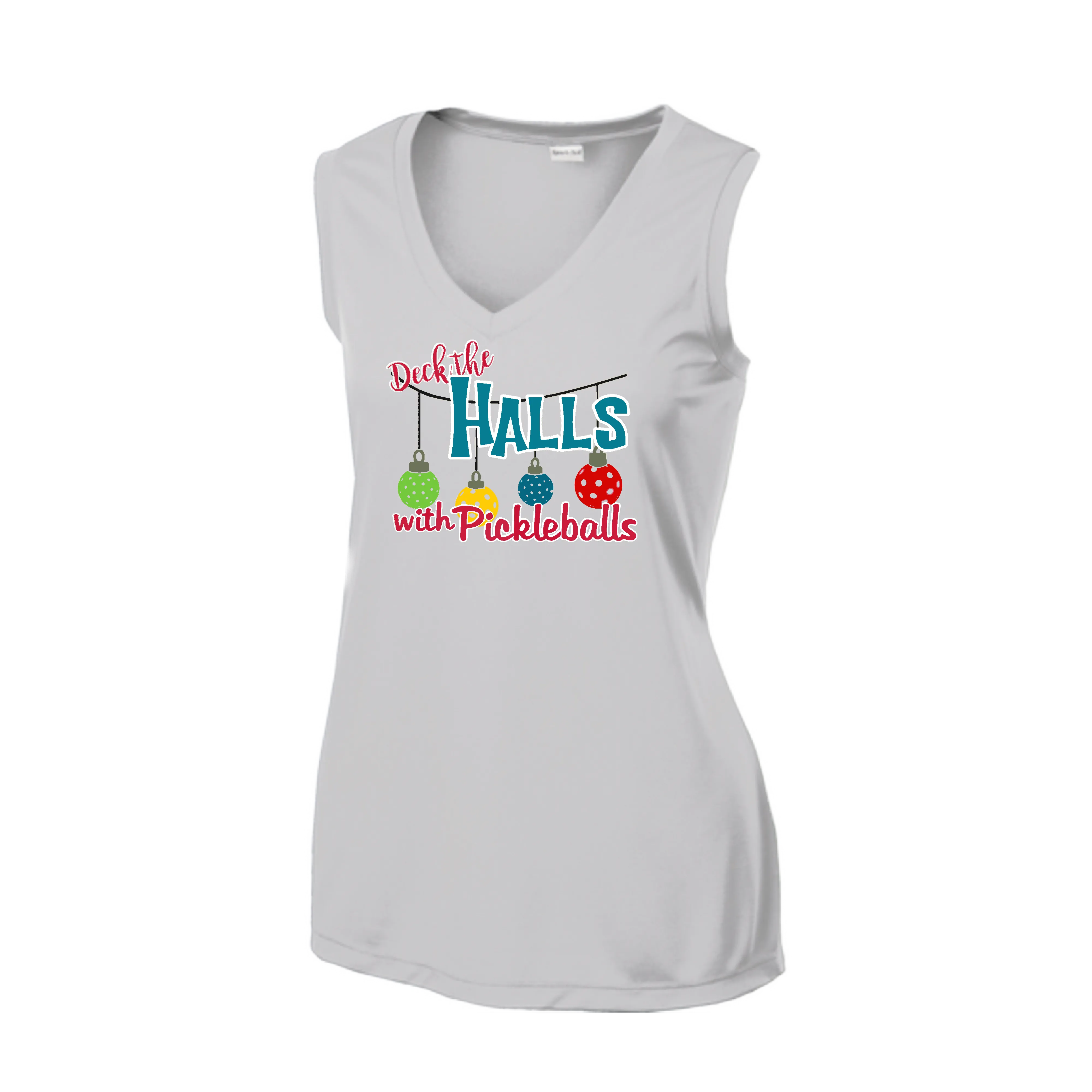 Deck the Halls with Pickleballs | Women’s Sleeveless Pickleball Shirt | 100% Polyester