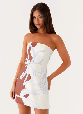 Denby Strapless Mini Dress - Bloom Wave Print Skater Shape Denby Strapless Mini Dress - Bloom Wave Print High Waist Skirt Flare