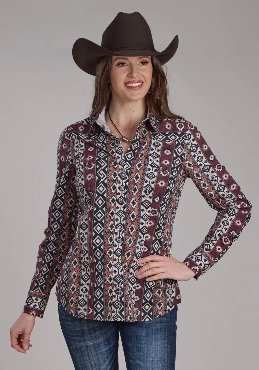 Roper Womens 2178 Winter Aztec Black 100% Cotton L/S Shirt Bold Print Easy Fit