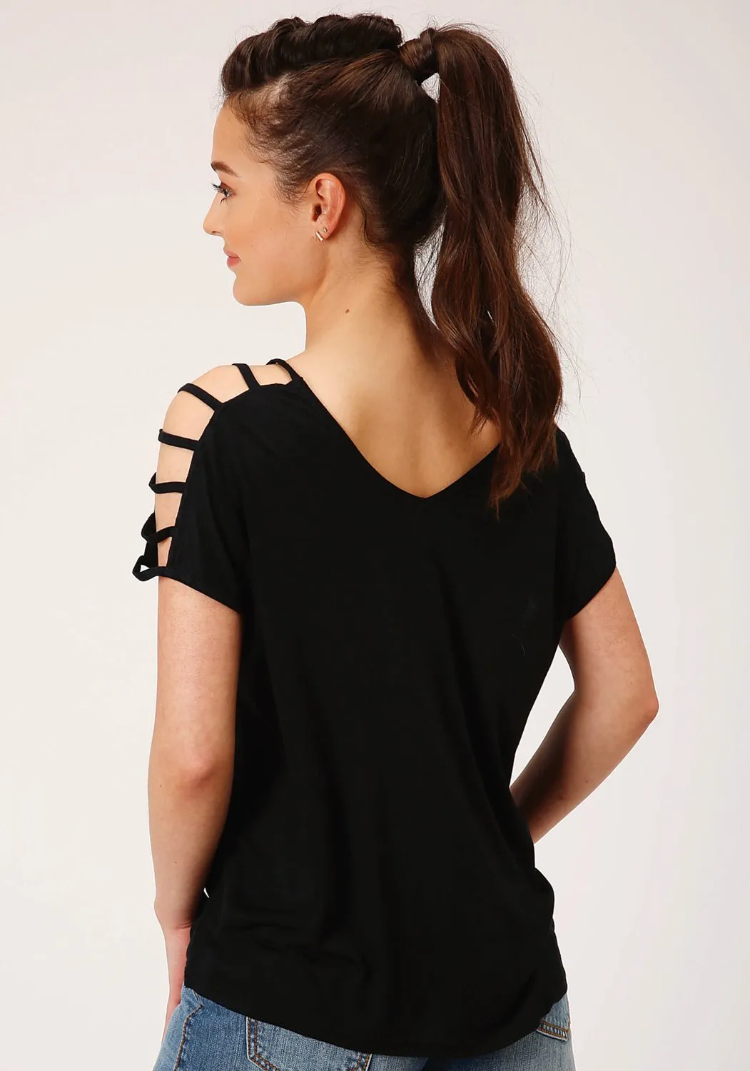 Roper Womens Black Poly/Rayon Cold Shoulder S/S Strappy T-Shirt Comfy Layer Active Layer