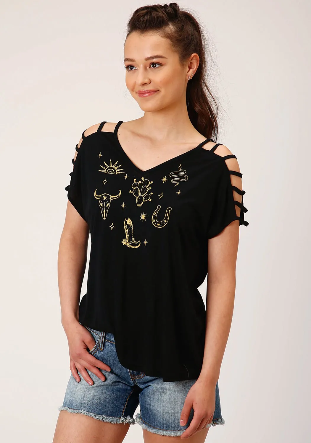 Roper Womens Black Poly/Rayon Cold Shoulder S/S Strappy T-Shirt Tagless Design