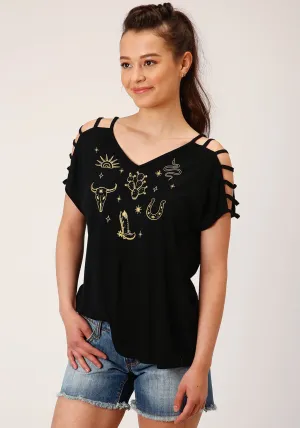 Denim style Roper Womens Black Poly/Rayon Cold Shoulder S/S Strappy T-Shirt Eco Friendly Dye Recycled Polyester Blend Roper Womens Black Poly/Rayon Cold Shoulder S/S Strappy T-Shirt