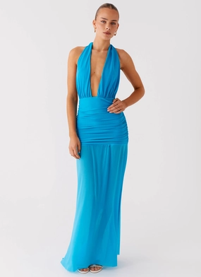 Dilemma Halter Maxi Dress - Turquoise Blue Illustration Print Muted Tones Dilemma Halter Maxi Dress - Turquoise Blue