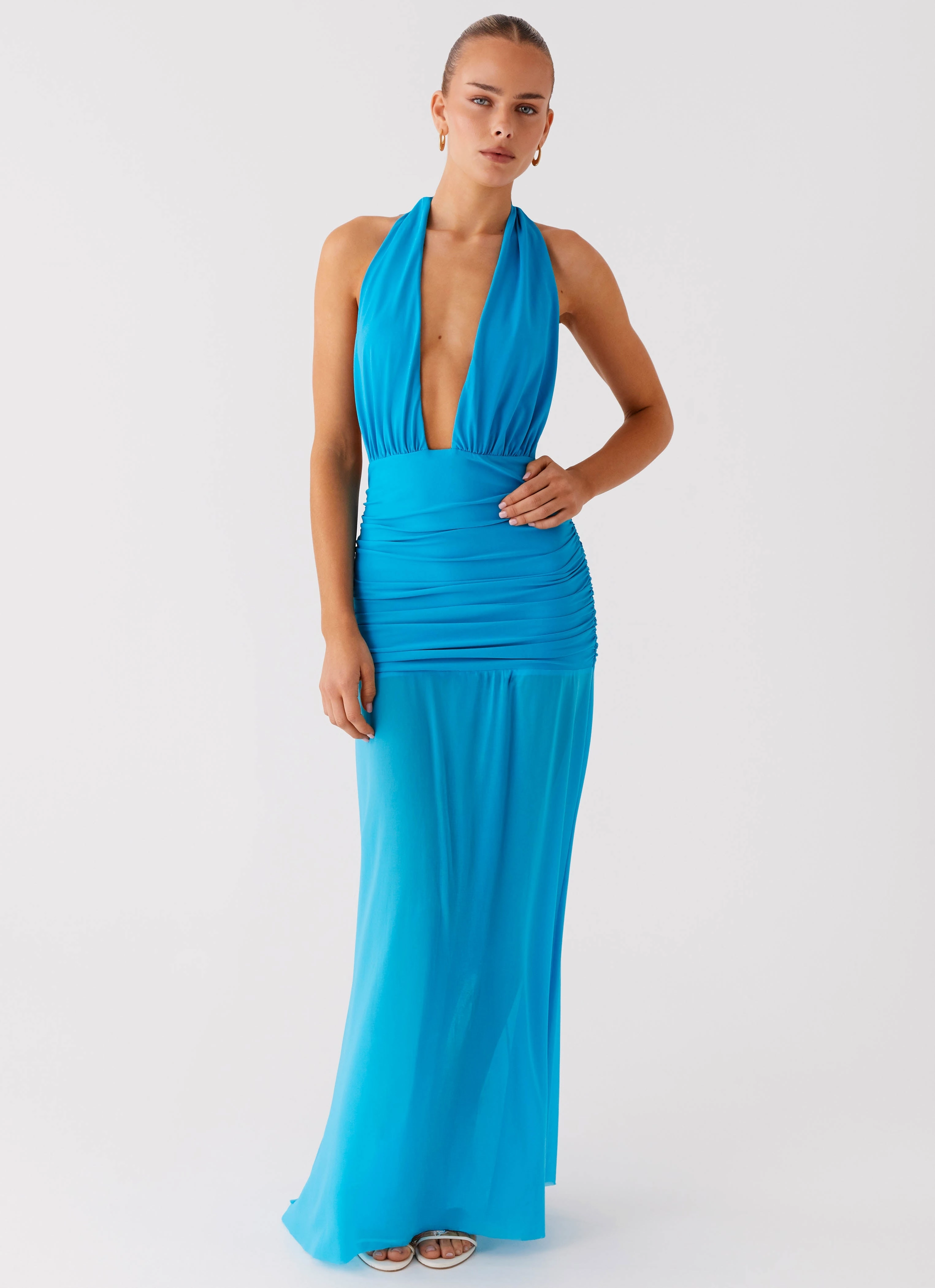 Muted Tones Dilemma Halter Maxi Dress - Turquoise Blue