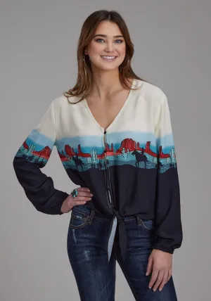 Dimensional Stability Fabric Roper Womens Western Border V-Neck Black 100% Rayon L/S Blouse Odor control Active Design Roper Womens Western Border V-Neck Black 100% Rayon L/S Blouse