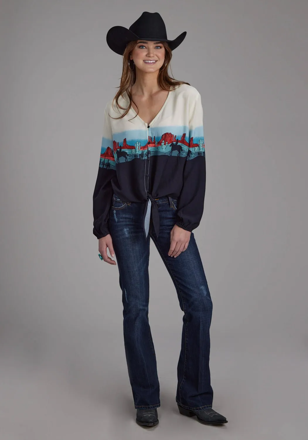 All-Weather Ready Anti Pilling Surface Roper Womens Western Border V-Neck Black 100% Rayon L/S Blouse