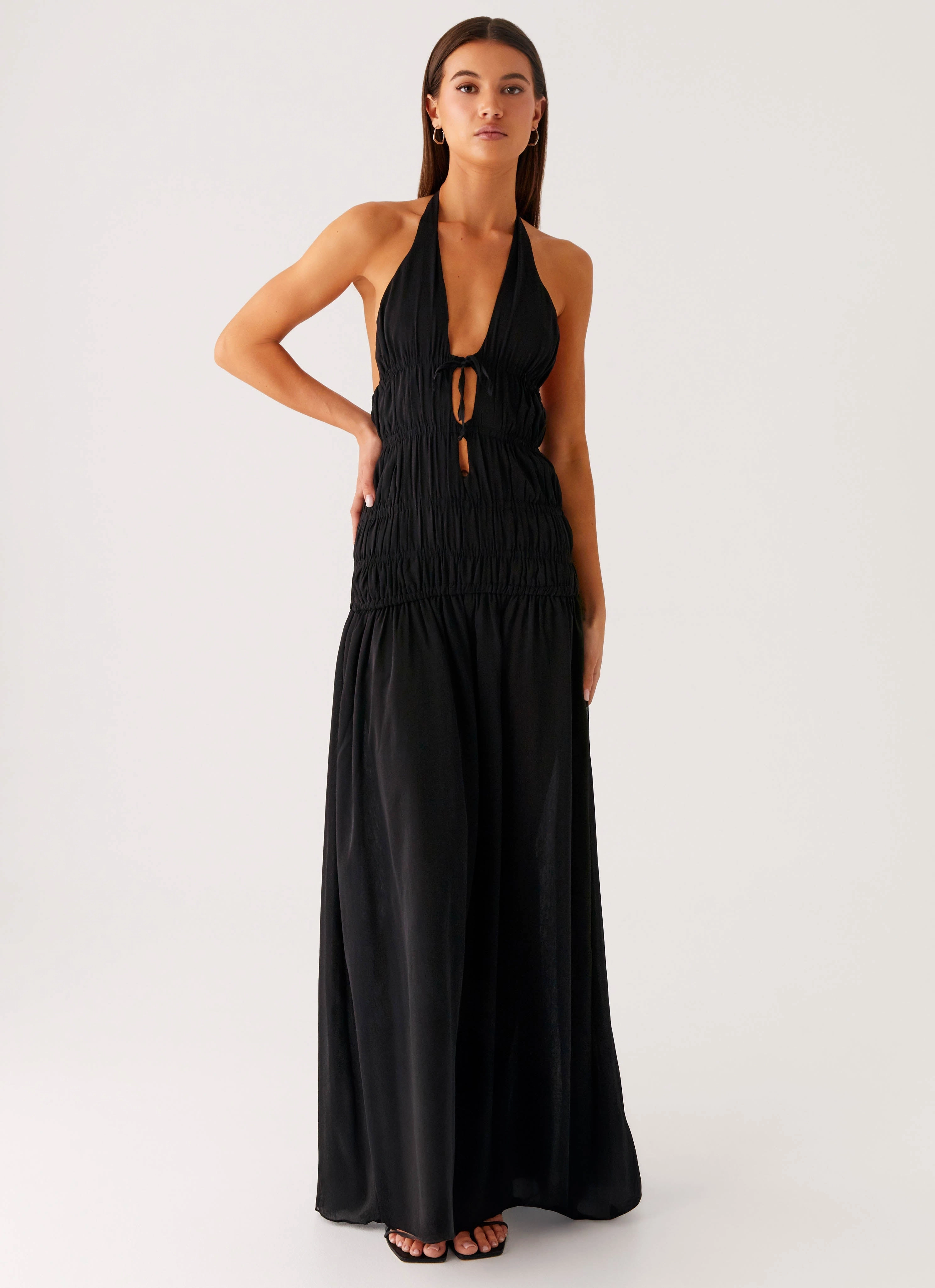 Dione Halter Maxi Dress - Black Outdoor Scene Sheer Overlay