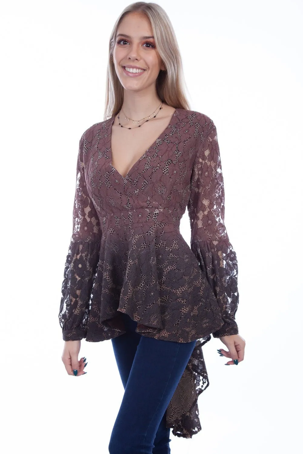 Spring Mood Smooth Work Meeting Premium Look Scully Womens Cocoa Polyester Hi/Lo Surplice L/S Blouse