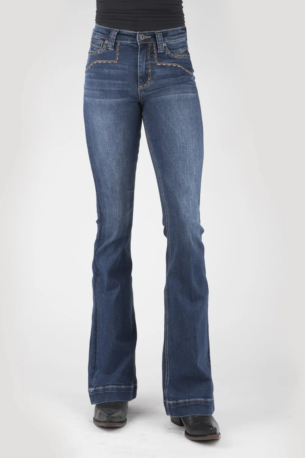 Stetson Womens 921 High Waist Flare Fit Blue Cotton Blend Jeans Flat Lock Stitching Relaxed Style Bold