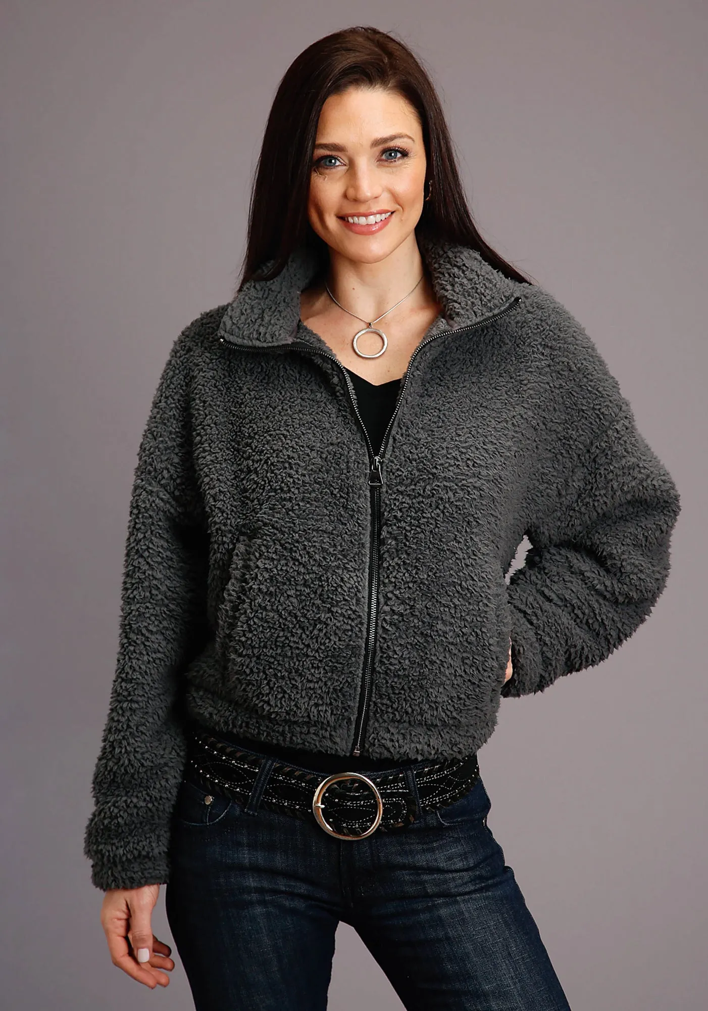 Stetson Womens Charcoal Polyester Fuzzy Teddy Bear Fleece Jacket Relaxed Aesthetic