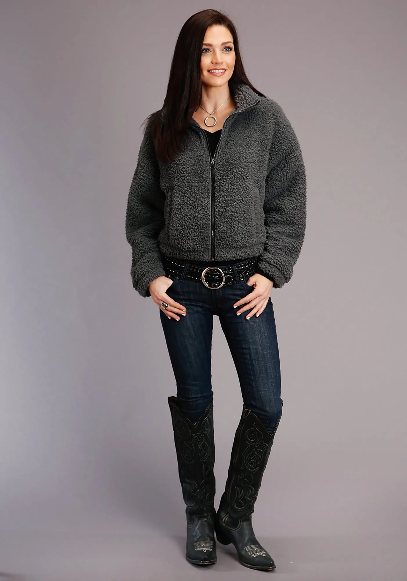 Stetson Womens Charcoal Polyester Fuzzy Teddy Bear Fleece Jacket Relaxed Aesthetic