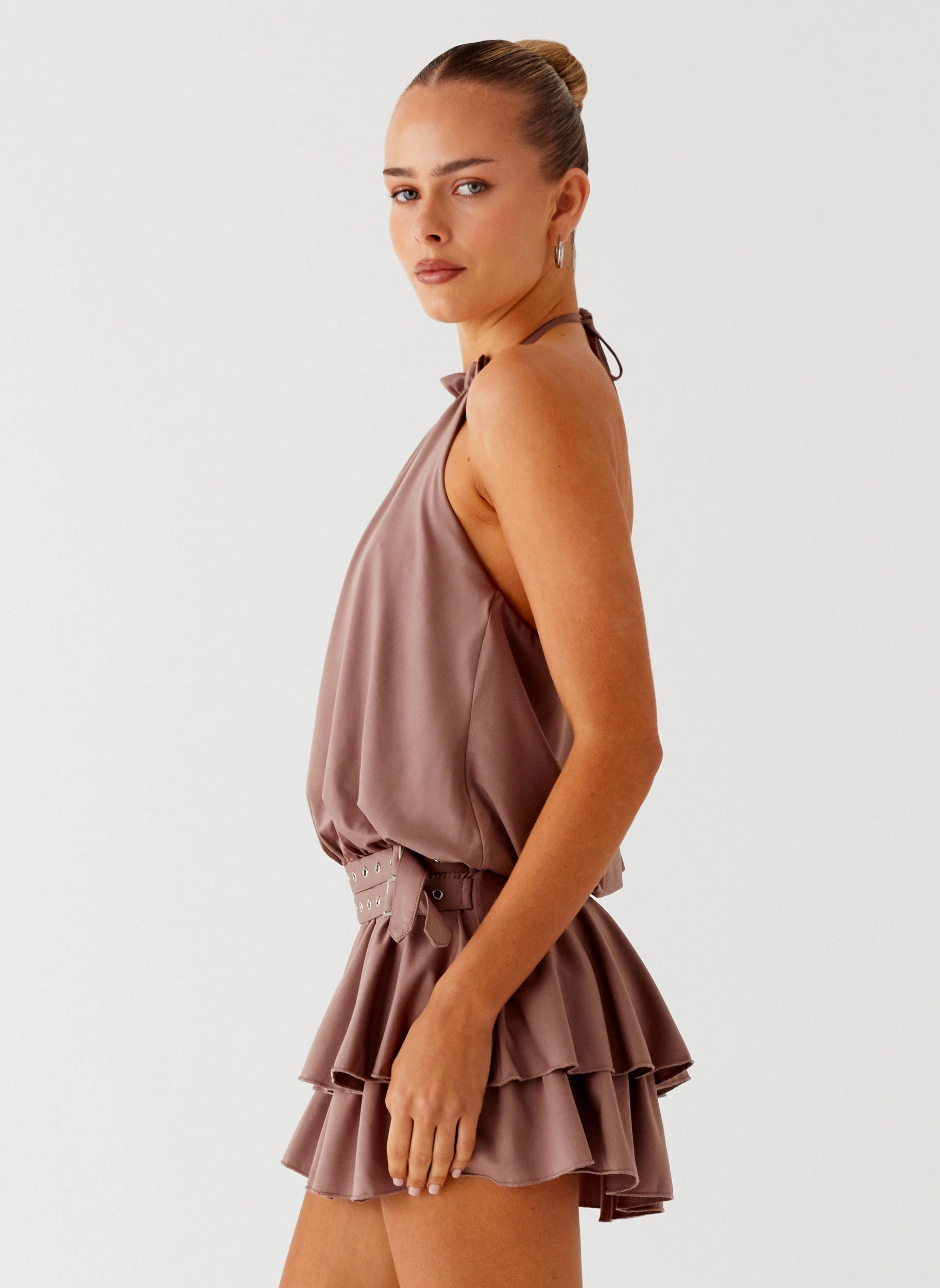 ConvertibleNeckline Dopamine Belt Mini Dress - Taupe
