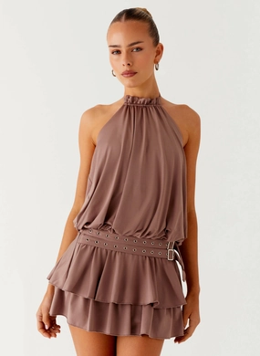 Dopamine Belt Mini Dress - Taupe Fair trade Luxe Wear Dopamine Belt Mini Dress - Taupe
