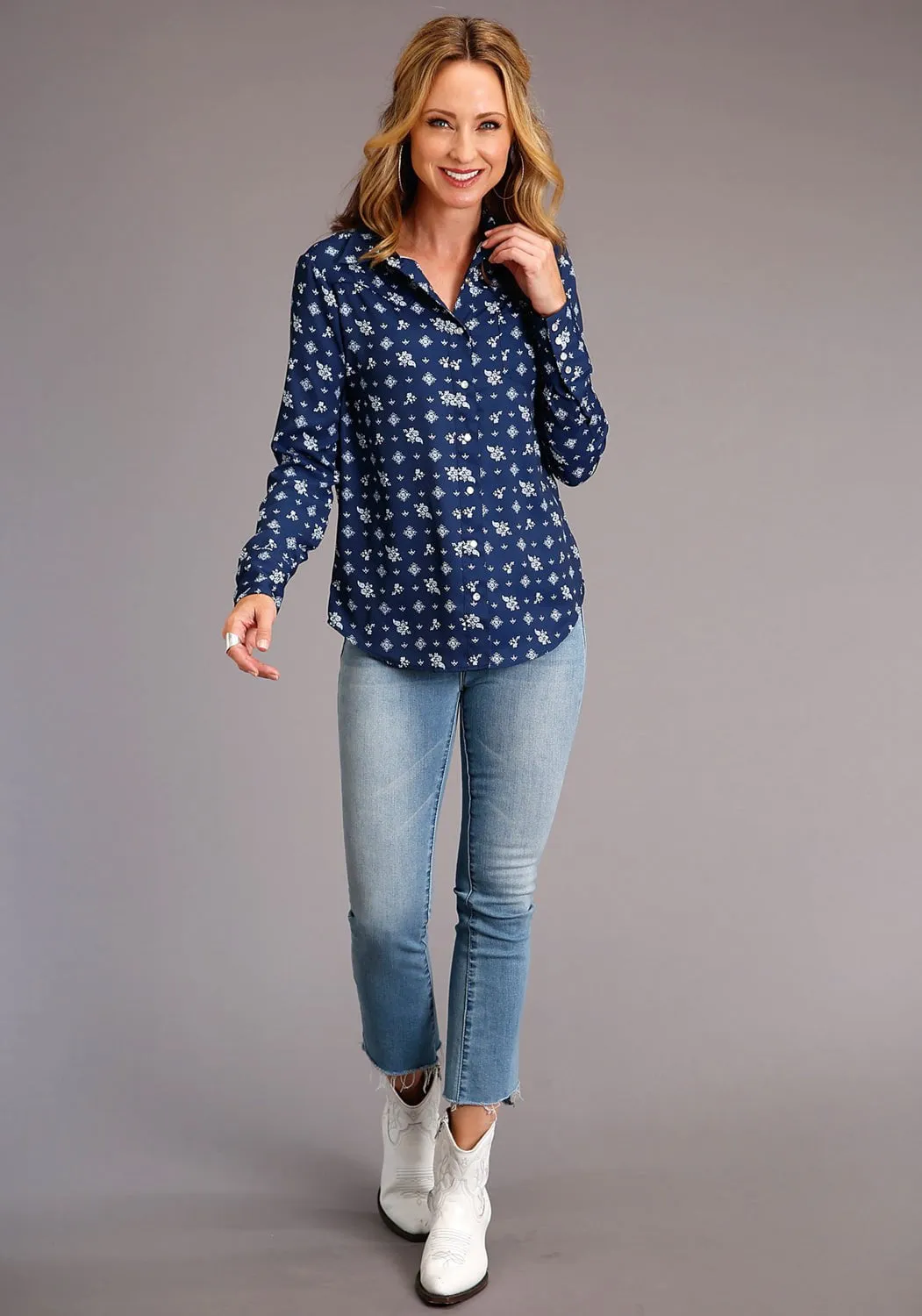 Flattering Waist Stetson Womens Blue Rayon/Nylon Vintage Ditzy BD L/S Shirt
