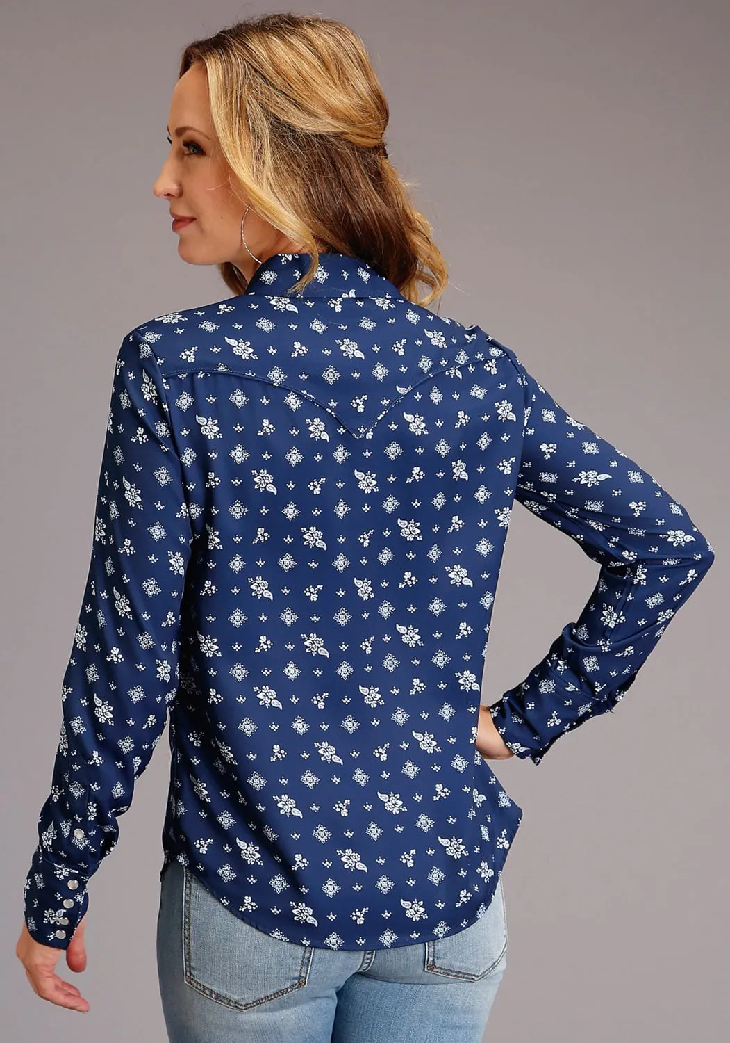 Sunny Vibes Casual Earthy Soft Stetson Womens Blue Rayon/Nylon Vintage Ditzy BD L/S Shirt