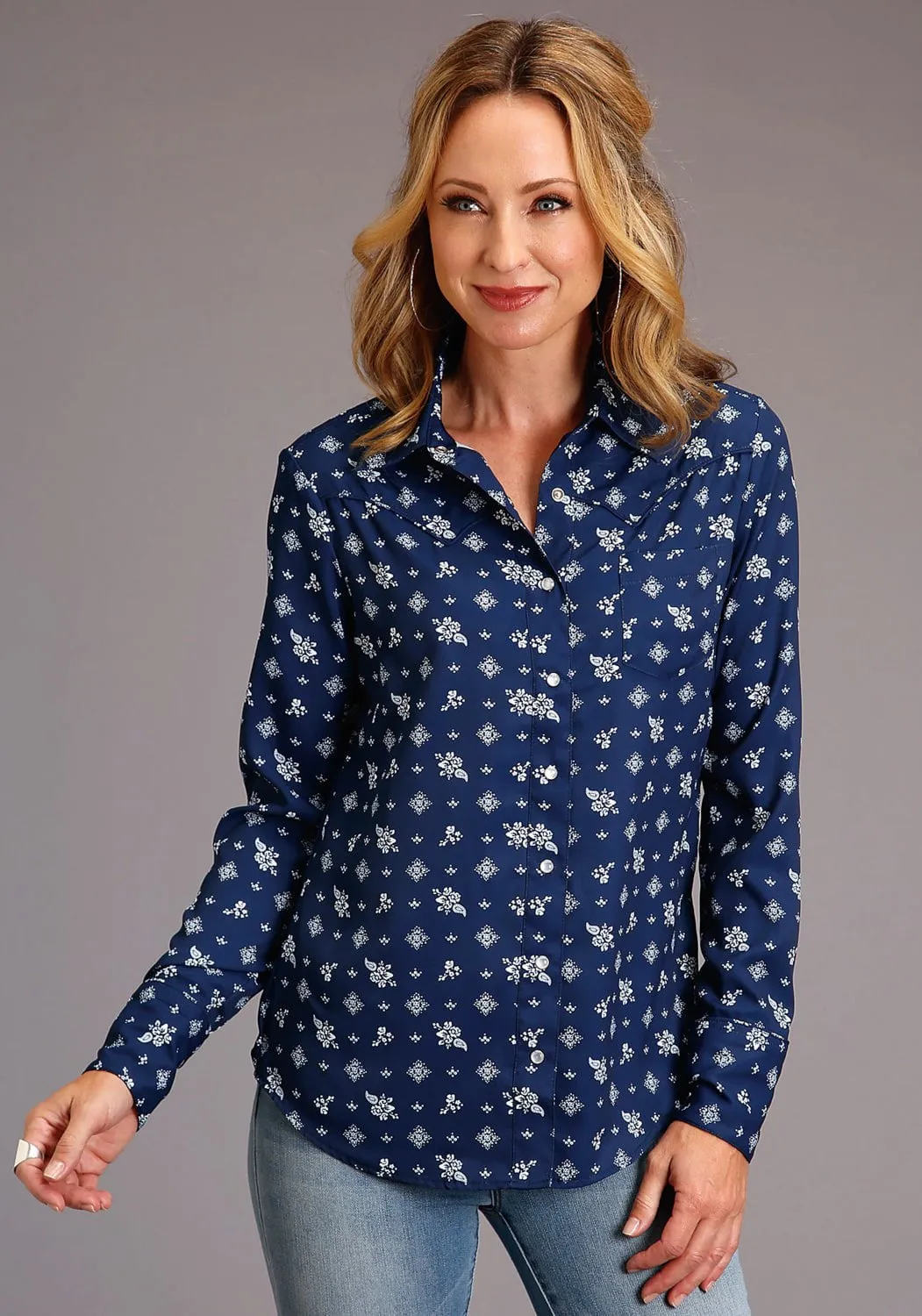 Stetson Womens Blue Rayon/Nylon Vintage Ditzy BD L/S Shirt Softened Fabric Modern Winter Warmth Loose