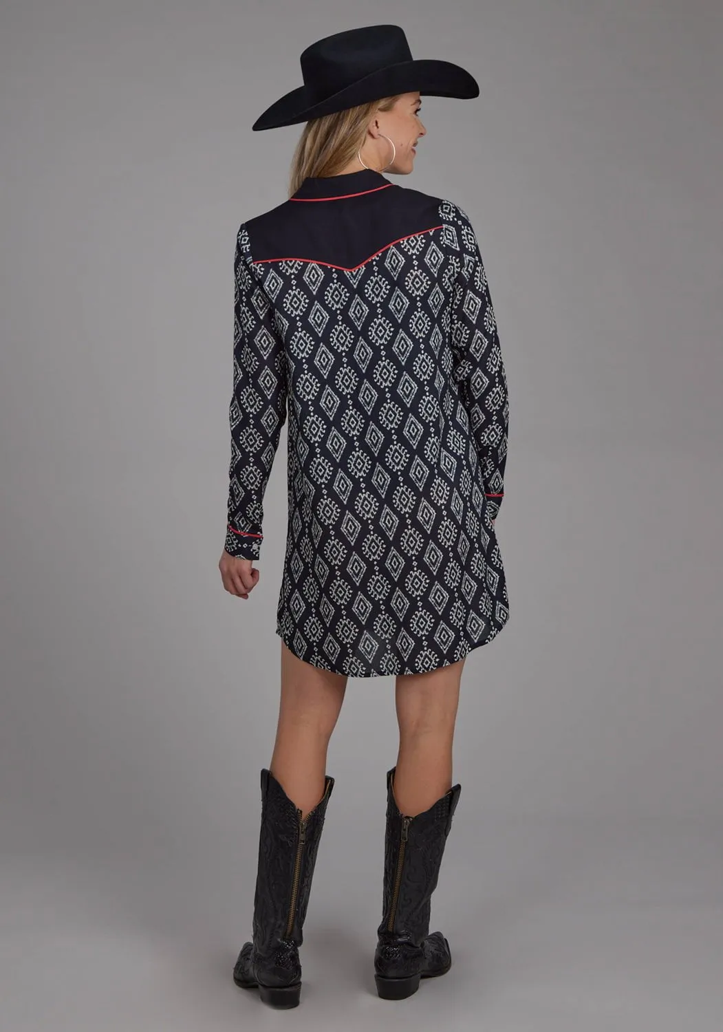 Roper Womens 2133 Ikat Black/Cream 100% Rayon L/S Dress Premium Cotton Blend Stretch Classic Gym Ready
