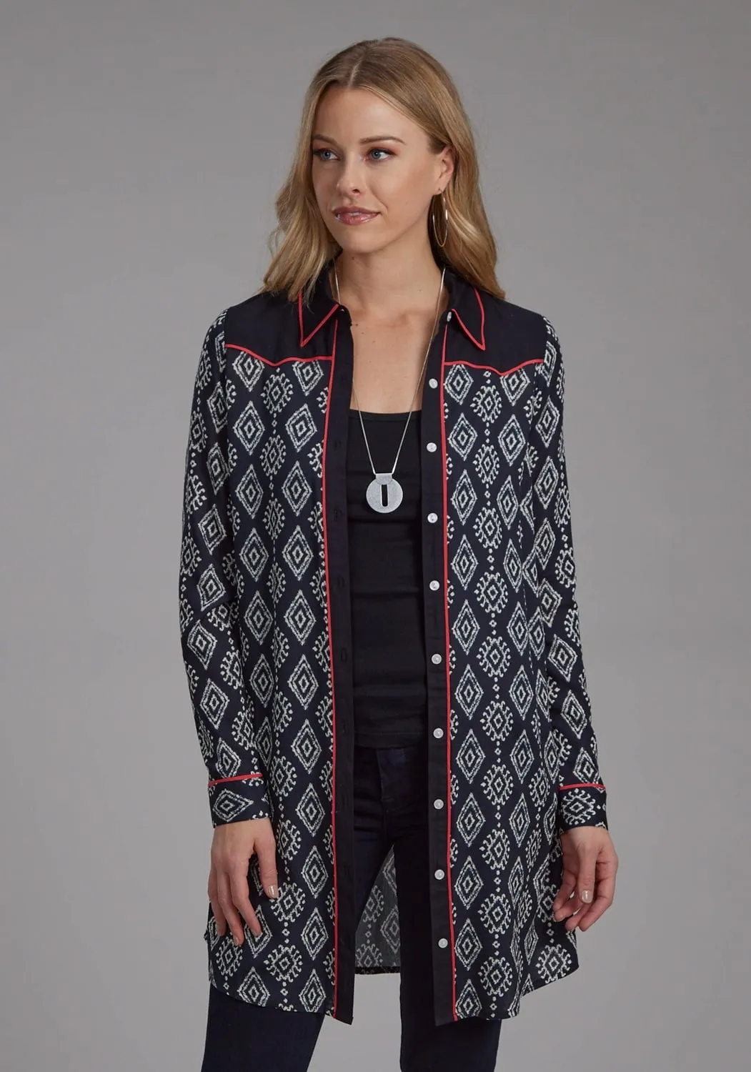 Roper Womens 2133 Ikat Black/Cream 100% Rayon L/S Dress Night Out Rainy Day