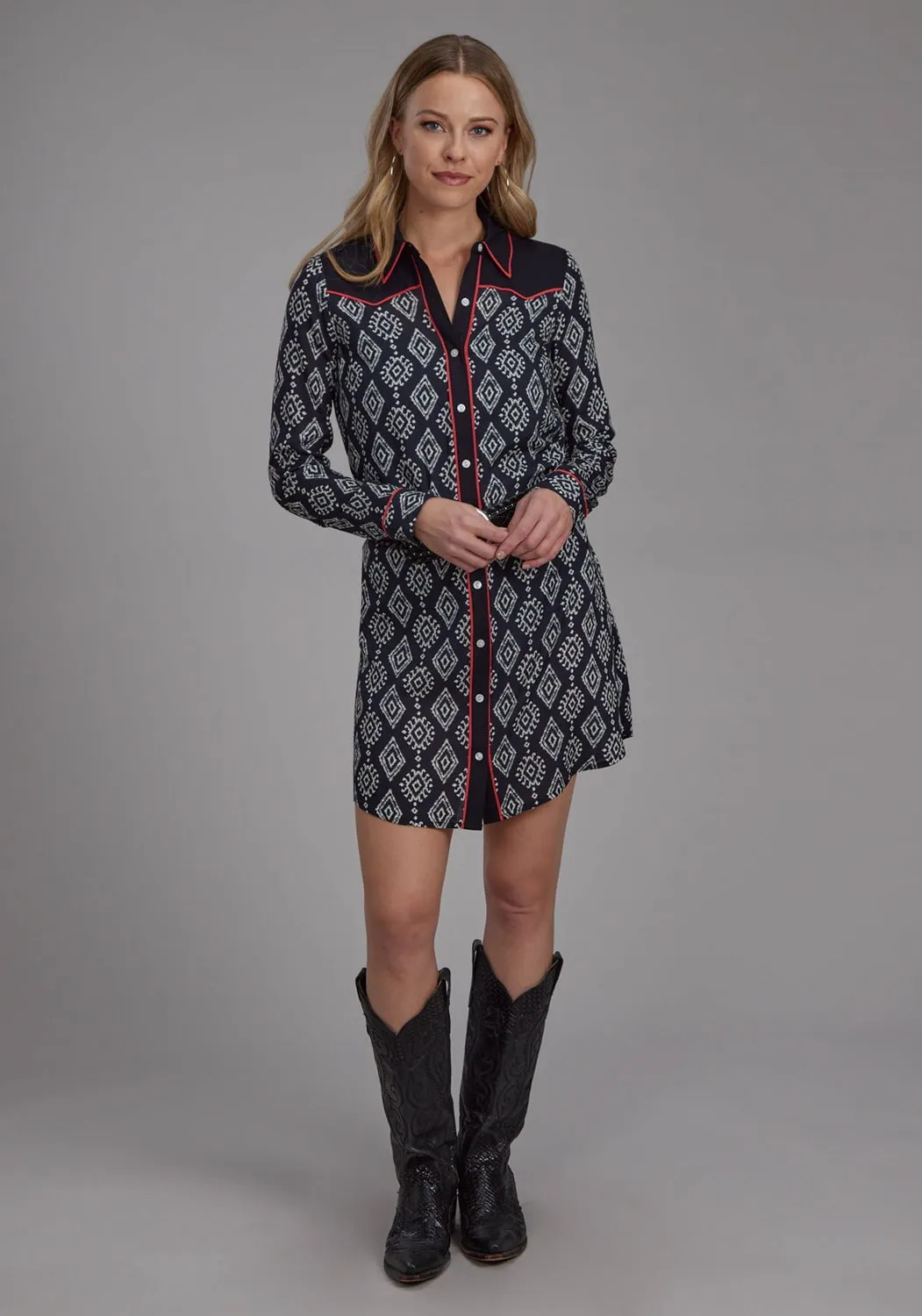 Roper Womens 2133 Ikat Black/Cream 100% Rayon L/S Dress Modern Shopping Day Neutral Base